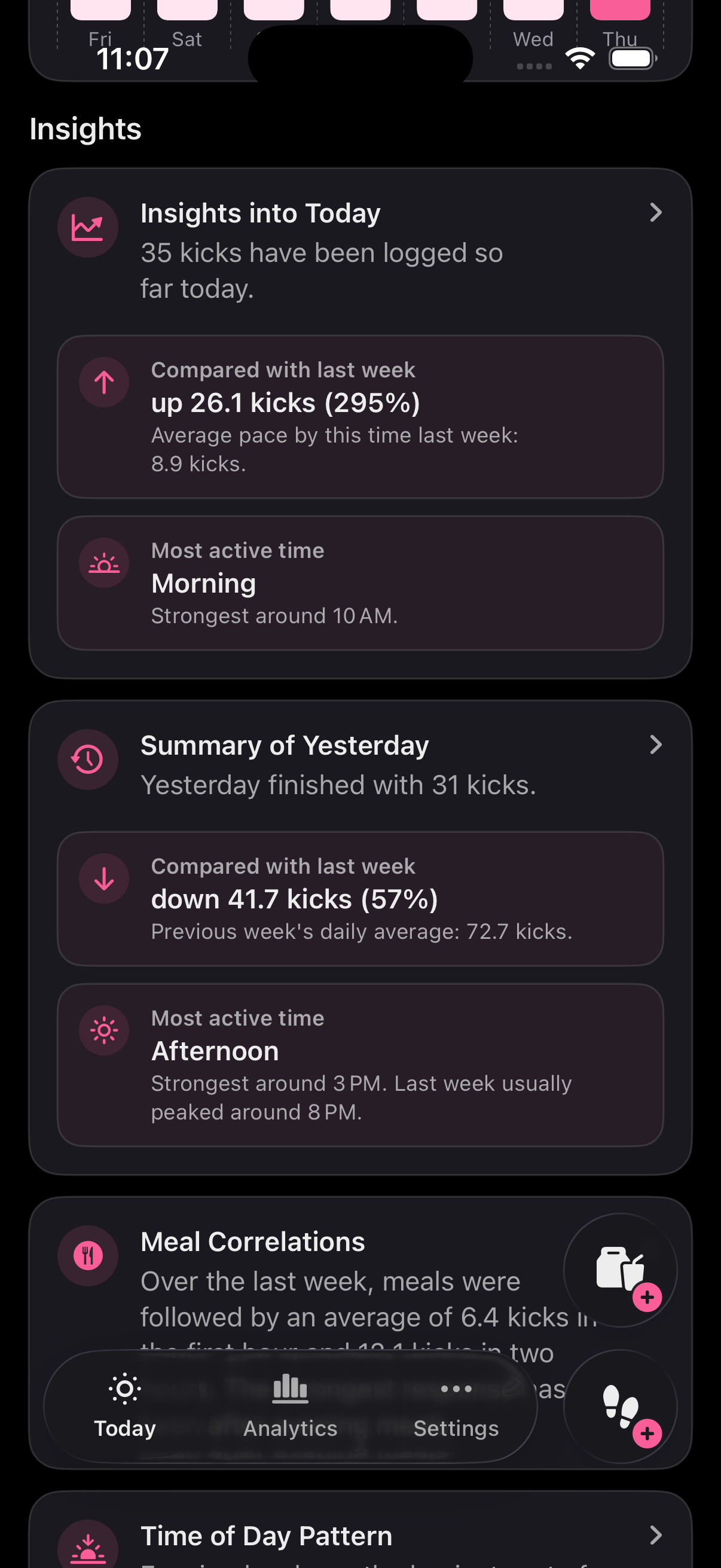 Kick Diary insight cards on the home screen.